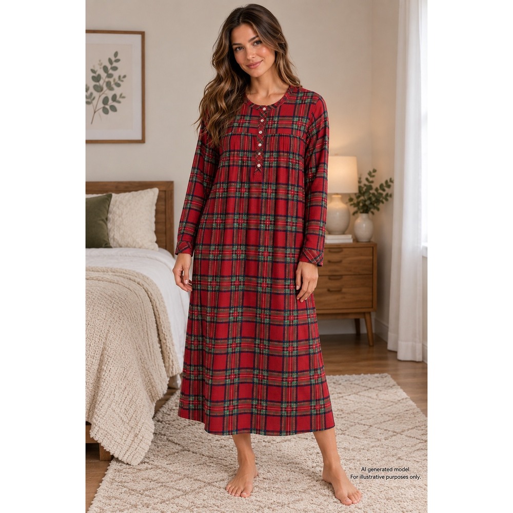 Aria Collection Red Plaid Long Sleeve Nightgown Henley Sleepwear Medium